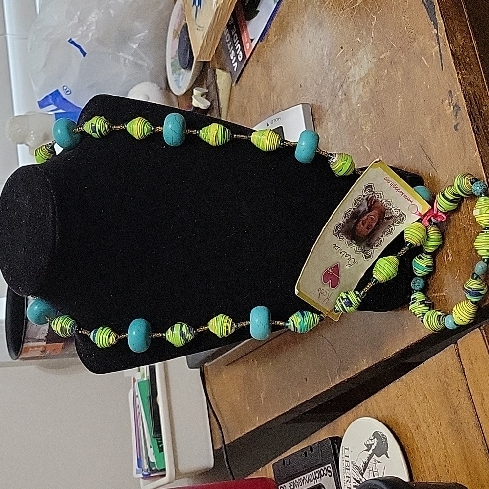 Handcrafted Haitian recycled paper and beaded necklace and bracelet set